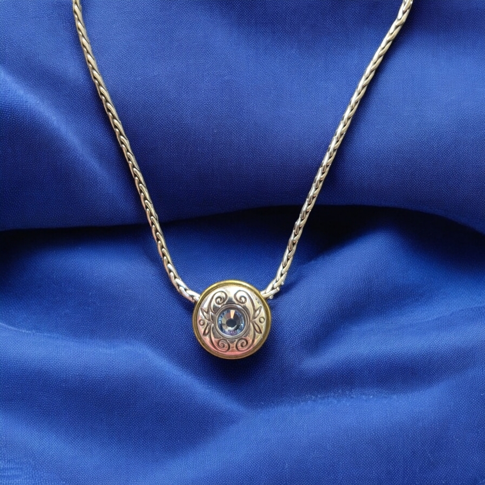 BRIGHTON Blue Crystal Round Decorative Bezel Slide Necklace 17"-18.75" L